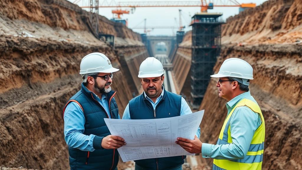 Civil engineers reviewing blueprints at an infrastructure project