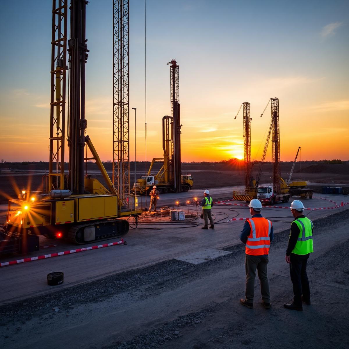Drilling rigs and geotechnical surveyors on a large construction site at sunset